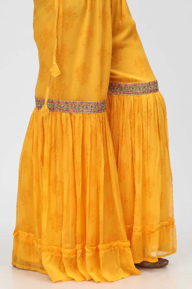 RANGJA RANGJA YELLOW FRILL 1 GHARARA | FZ065704-12 GHARARA RANGREZA USA 7327625425 United States S Yellow Chiffon S / Yellow / Chiffon M / Yellow / Chiffon L / Yellow / Chiffon