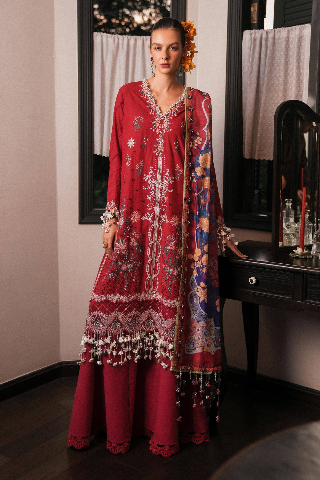 SANA SAFINA embroidered slub lawn shirt, bottom, and digital printed dupatta in deep red with organza borders, ideal for traditional Pakistani wear.