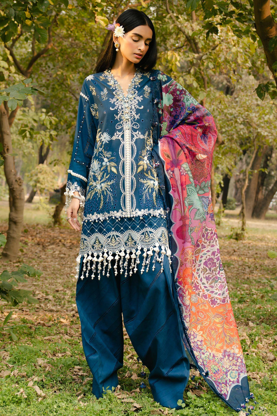 SANA SAFINA Lawn 3 Piece Suit in deep blue with embroidered shirt, matching bottom, and vibrant digital printed dupatta, ideal Pakistani dress for summer.