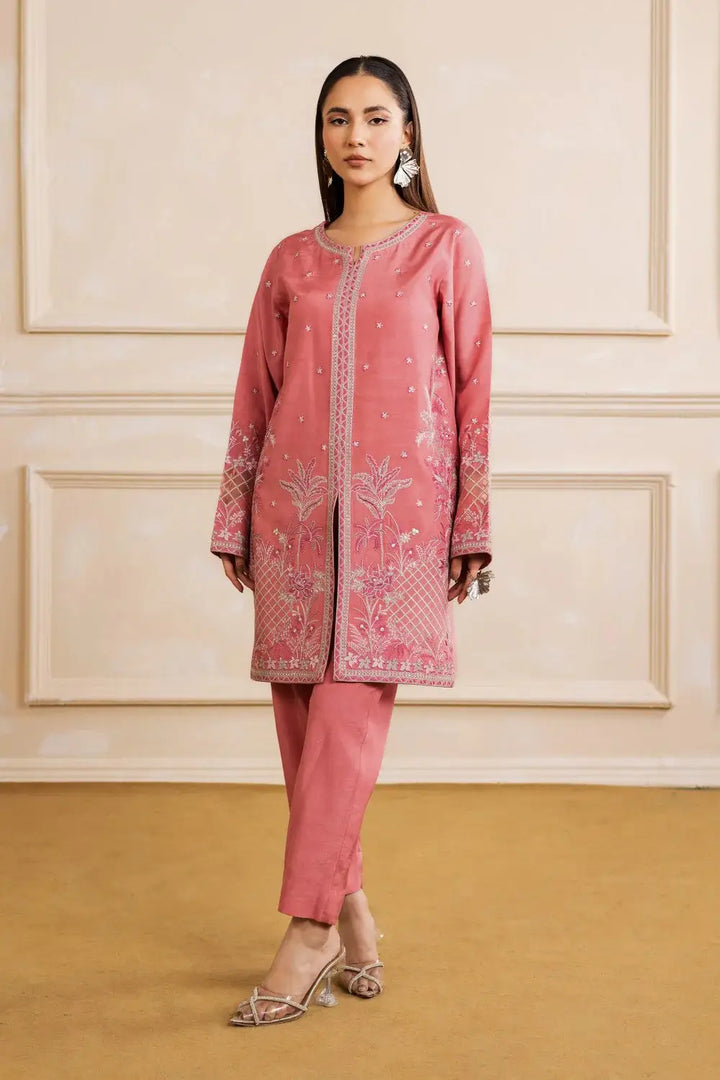 Layla Pret Set - Pakistani Ready to Wear | Viscose Katan 2-piece outfit in rose pink with intricate embroidery, featuring long shirt and tapered pants.
