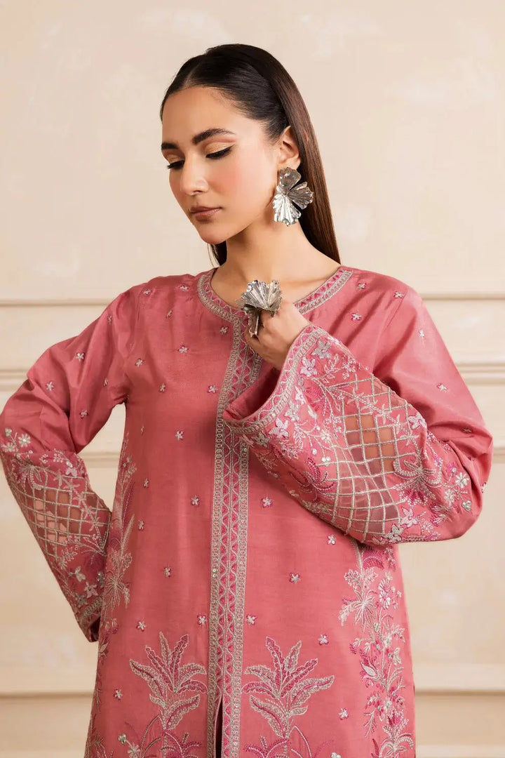 Close-up of Layla Pret Set shirt in Viscose Katan, showcasing detailed embroidery on sleeves and neckline in a soft pink hue for elegant styling.