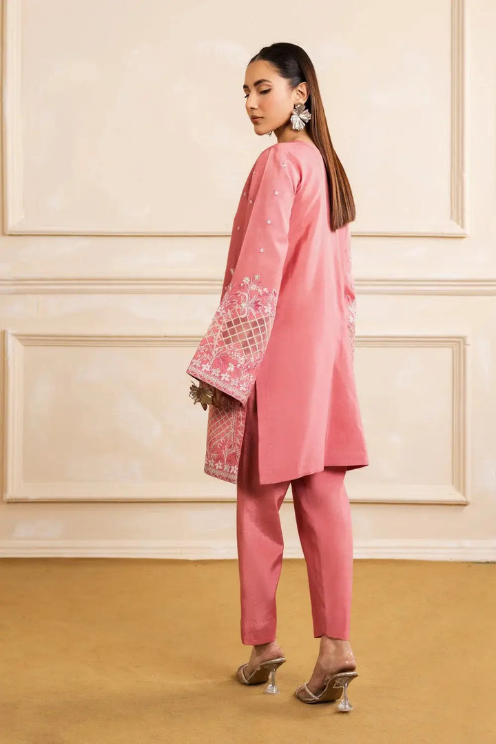 Back view of Layla Pret Set - Pakistani Ready to Wear in Viscose Katan, highlighting straight-cut shirt and matching pants in a refined pink tone.