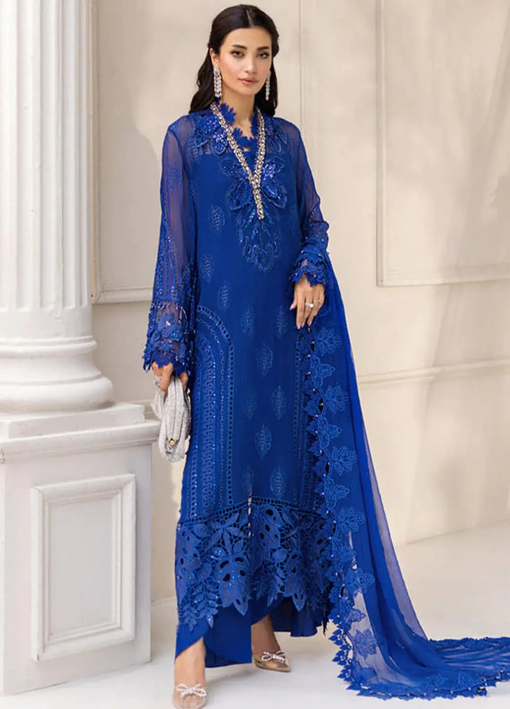 Full view of RANGREZA AL-4357 traditional Pakistani outfit with embroidered chiffon shirt, dupatta, and elegant accessories in royal blue.