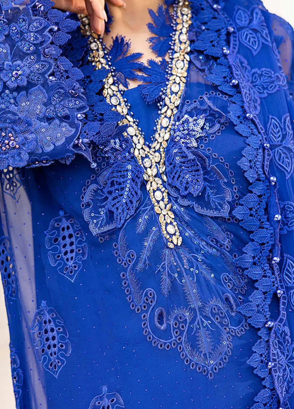 Close-up of RANGREZA AL-4357 neckline showcasing hand-embellished chiffon with 3D flowers, diamantes, and delicate embroidery in royal blue.