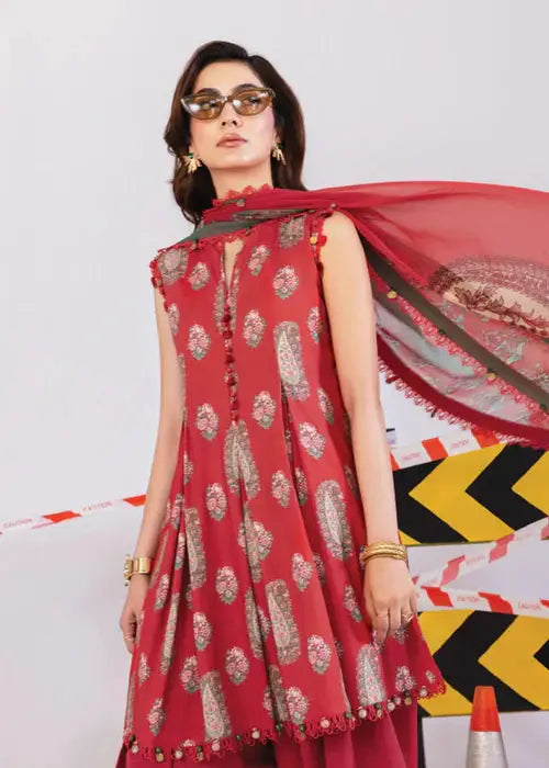 Close-up of MB-CUS25-1110-A ethnic dress showing printed linen shirt with tassel details and chiffon dupatta. Stylish 3-piece winter outfit for women.