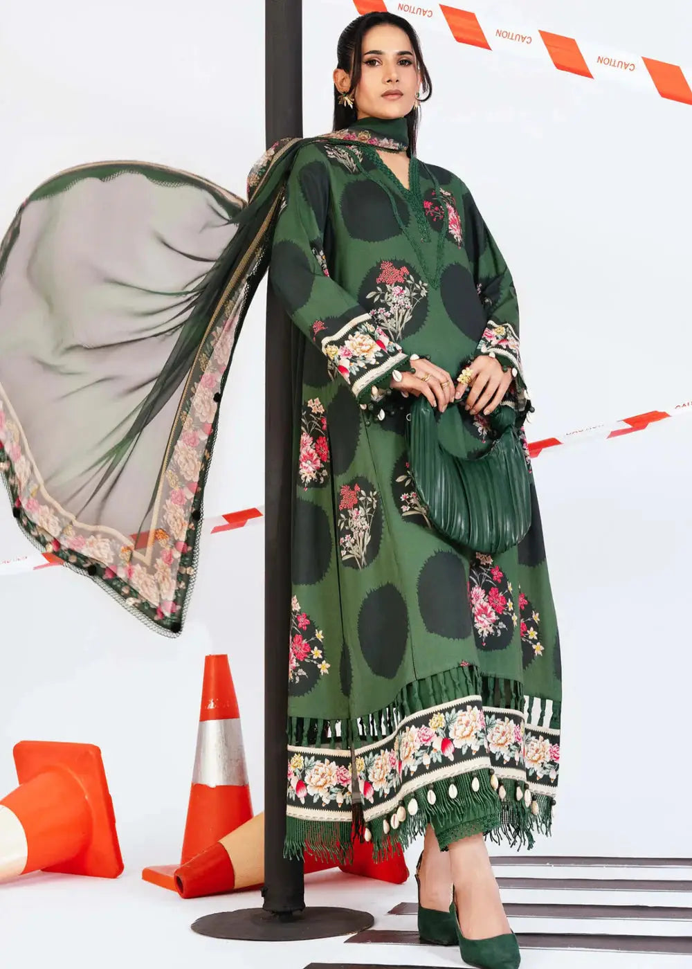 MB-CUS25-1107-A Maria b ladies suit in dark green with floral digital print, chiffon dupatta, and winter 3 piece design for stylish wear.
