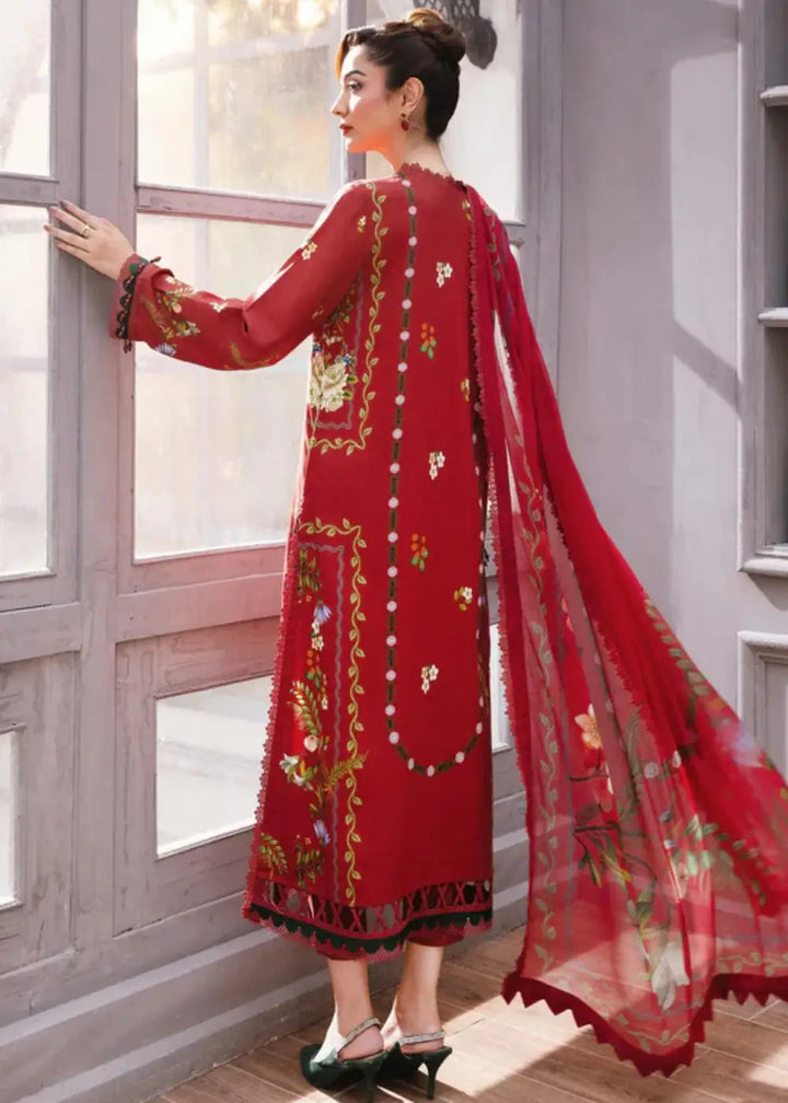 Back view of MB-CUS25-1105-A stitched suit by Maria.B with floral digital print, chiffon dupatta, and winter-ready linen trousers.