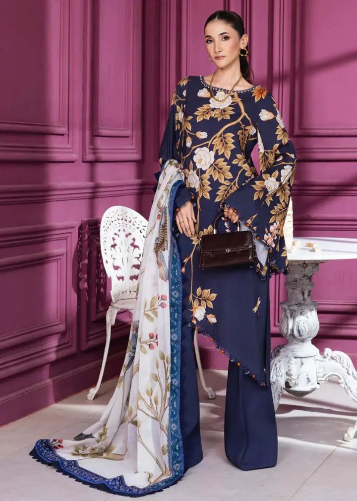 MB-CUS25-1102-A stitched dress 3 piece set with floral digital printed navy linen shirt, dyed trousers, and chiffon dupatta for winter daily wear.