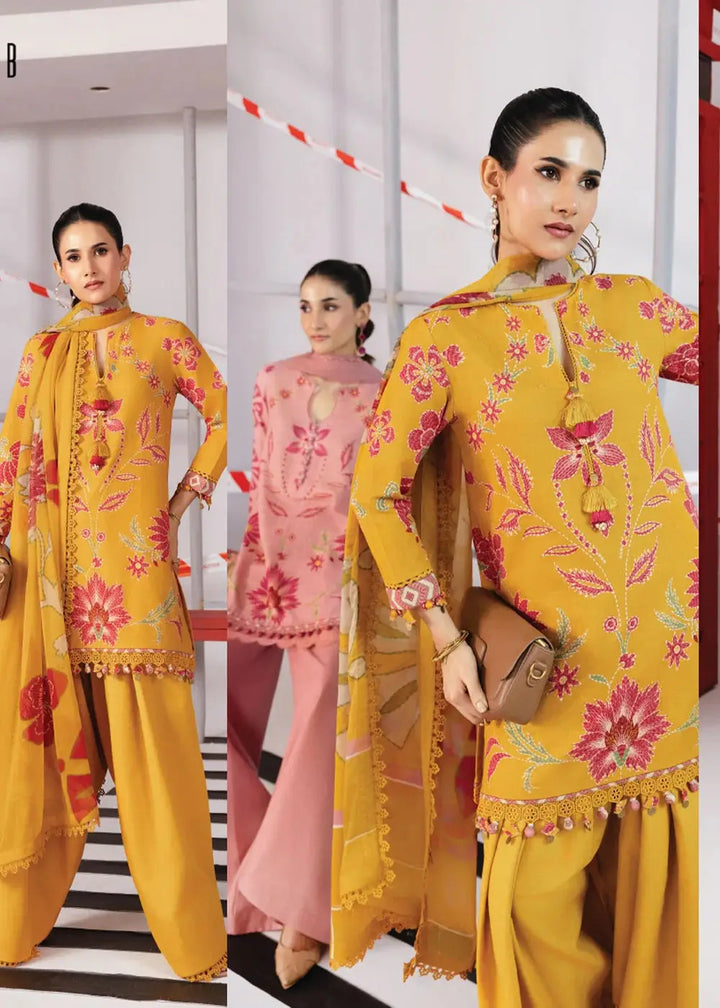 MB-CUS25-1104-B Maria B stitched 3-piece dress in mustard with floral chiffon dupatta and wide trousers, displayed alongside a pink variant.