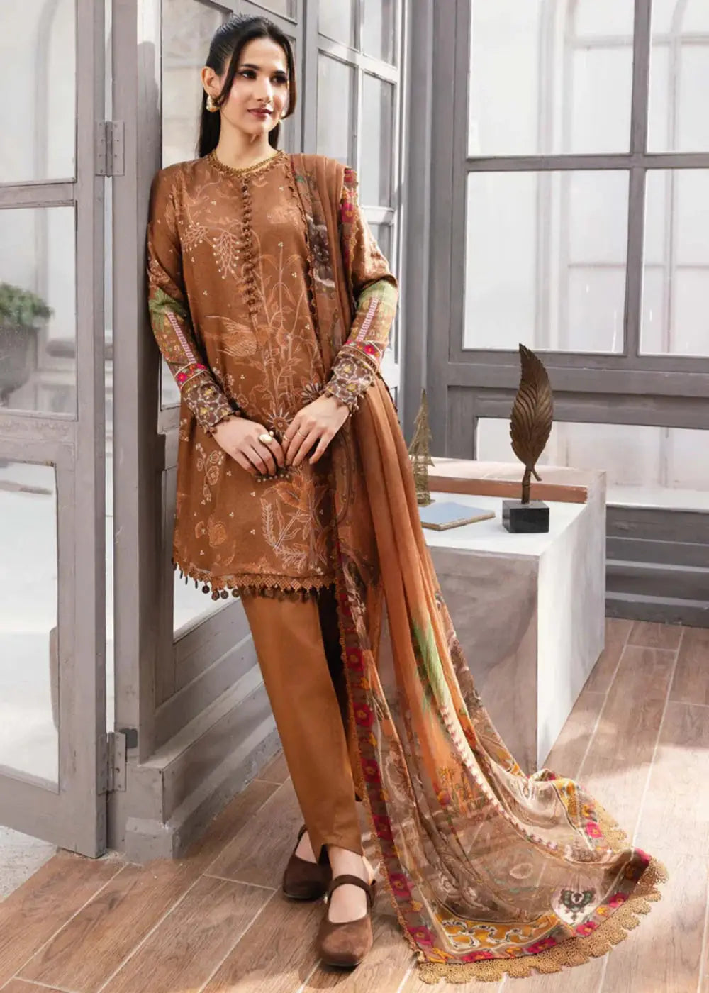 MB-CUS25-1106-B - Maria B Dress Women in brown with digital printed Marina shirt, linen trousers, and chiffon dupatta for winter fashion.