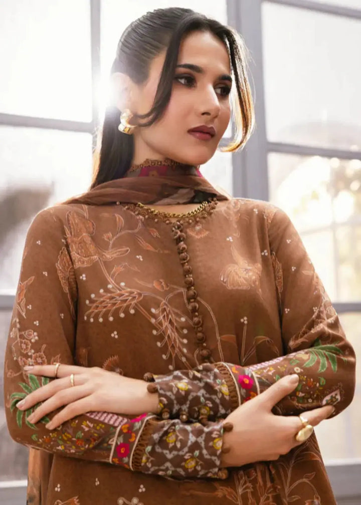 Close-up of MB-CUS25-1106-B - Maria B Dress Women highlighting intricate digital print on brown Marina shirt and detailed sleeve embroidery.