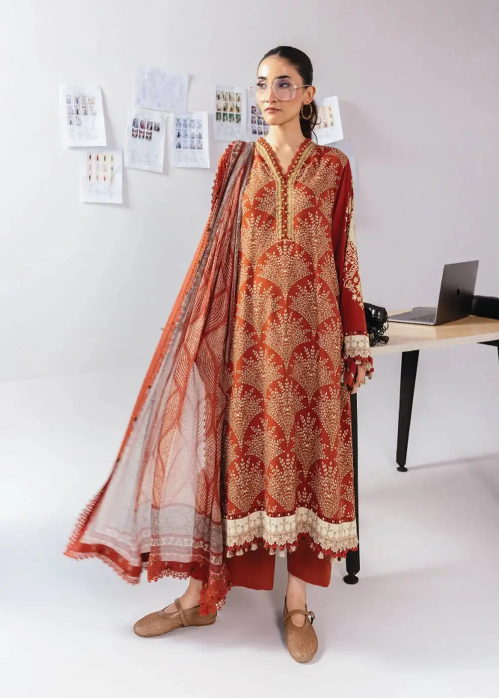 MB-CUS25-1108-B rust orange 3-piece Maria B outfit with printed linen shirt, matching trousers, and chiffon dupatta for winter daily wear.