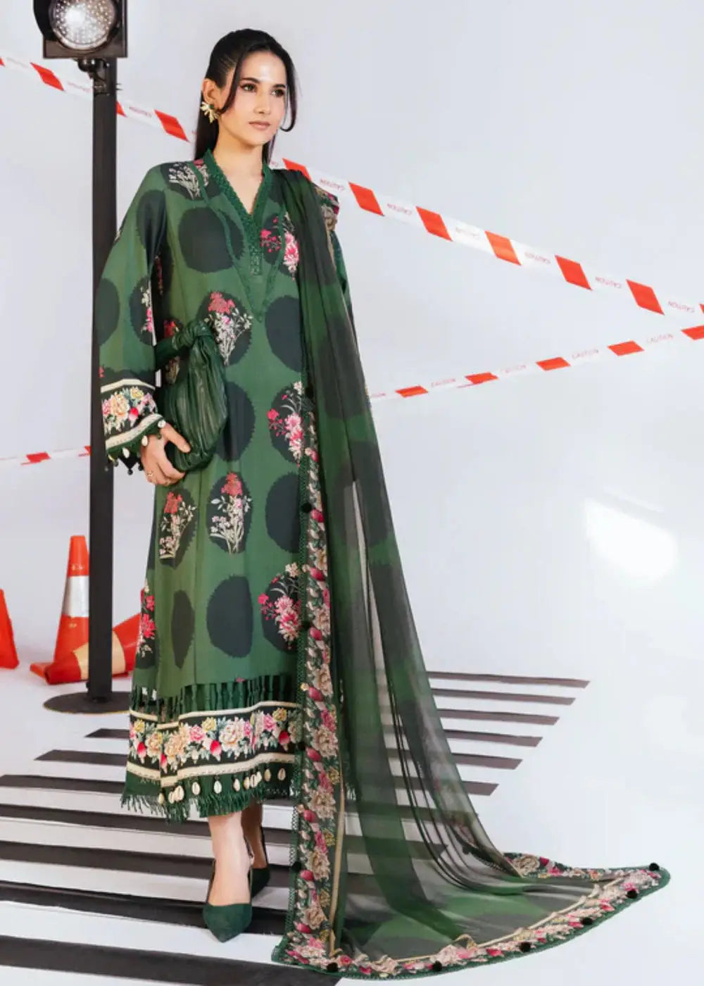 Maria b 3 piece winter suit MB-CUS25-1107-A featuring dark green printed shirt, matching trousers, and embroidered chiffon dupatta.