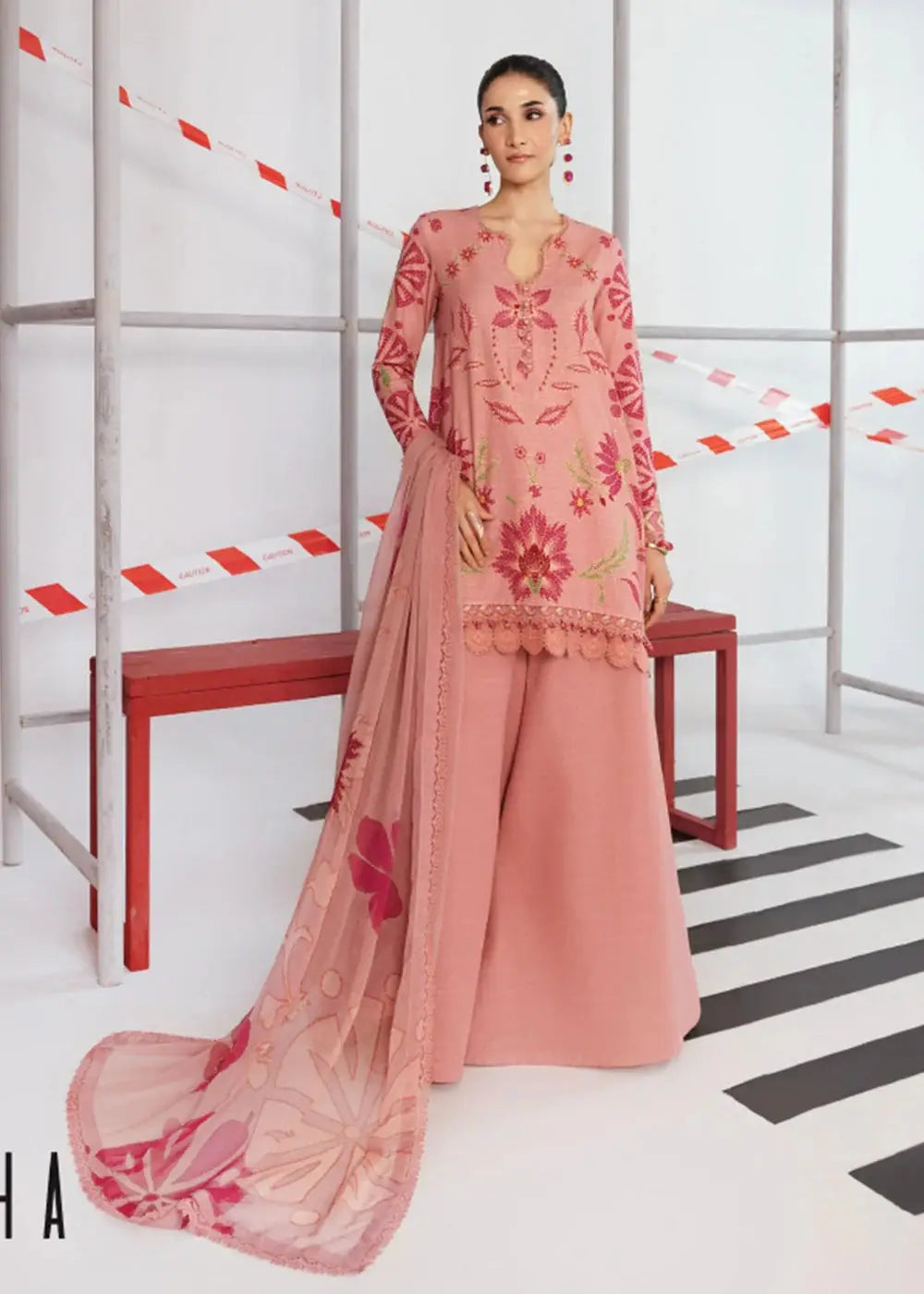 MB-CUS25-1104-A - Maria.B Ready to Wear 3 piece daily wear featuring a pink slub khaddar shirt, wide-leg trousers, and chiffon dupatta.