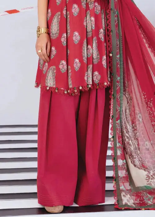 Detailed view of MB-CUS25-1110-A showing wide-leg linen trousers and embroidered chiffon dupatta. Elegant Pakistani daily wear for winter season.