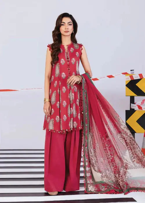 MB-CUS25-1110-A Pakistani ethnic dress in shocking pink with printed linen shirt, wide-leg trousers, and chiffon dupatta. Ideal for winter daily wear.