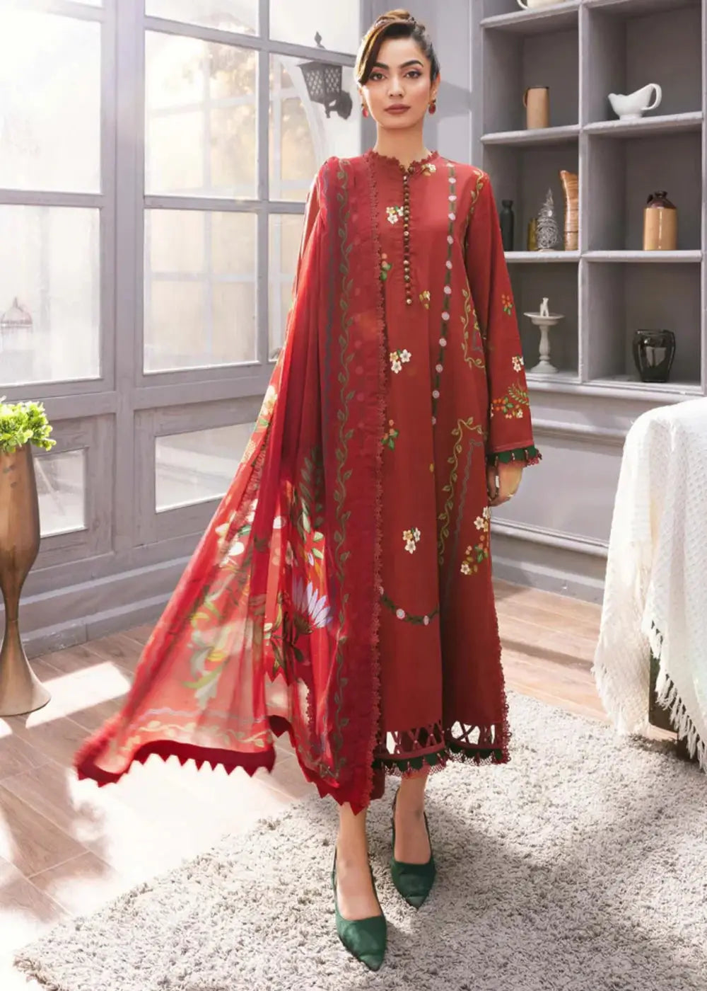 MB-CUS25-1105-A - Stitched Suit Maria.B 3 piece set featuring red digital printed shirt, chiffon dupatta, and linen trousers for winter wear.