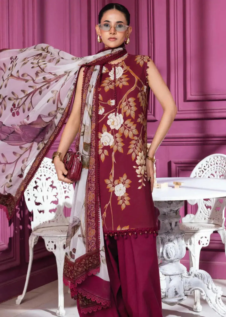 MB-CUS25-1102-B - Maria.B Women Dress in maroon with floral digital printed linen shirt, dyed linen trousers, and chiffon dupatta.
