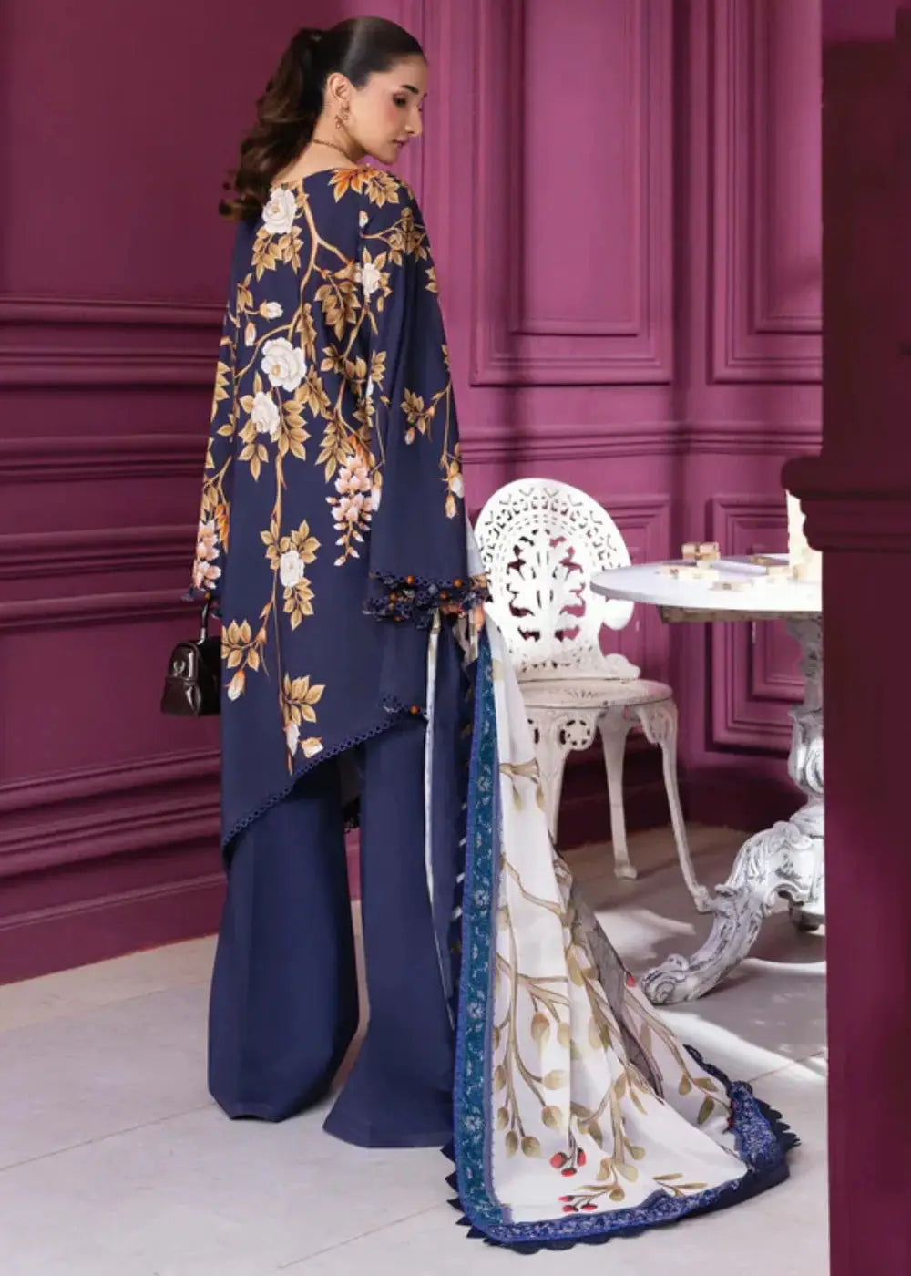 Back view of MB-CUS25-1102-A stitched 3 piece dress set featuring navy floral linen shirt, matching trousers, and printed chiffon dupatta.