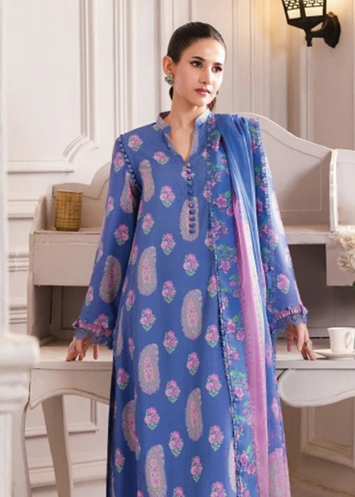 Elegant MB-CUS25-1110-B Eid dress for women featuring a blue printed shirt and chiffon dupatta, perfect for winter festive wear.