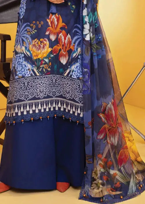 Detailed view of MB-CUS25-1109-B bottom and dupatta with vibrant floral patterns and ornate border, ideal for winter daily wear.