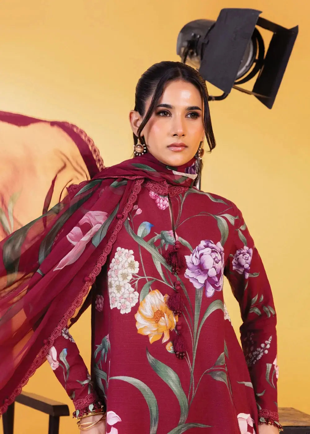 Maria B Readymade MB-CUS25-1103-A red 3-piece outfit featuring digital floral print and chiffon dupatta, ideal for winter daily wear.