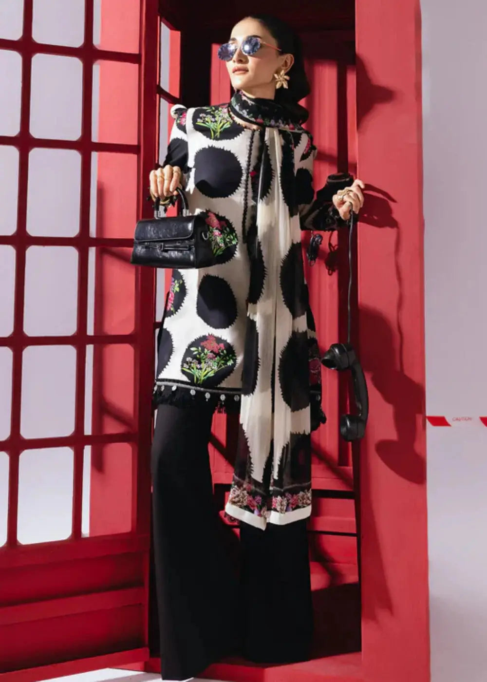 MB-CUS25-1107-B - 3 piece Maria b stitched outfit featuring printed shirt, wide-leg pants, and chiffon dupatta, styled for casual elegance.