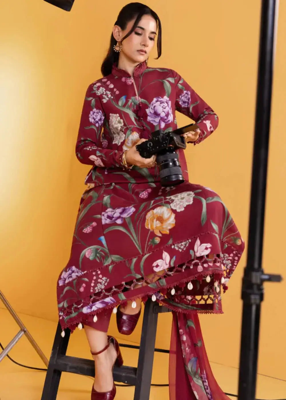 MB-CUS25-1103-A - Maria B Readymade 3-piece red floral slub khaddar shirt with trousers and chiffon dupatta, styled for daily winter wear.