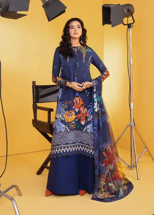 MB-CUS25-1109-B three-piece winter outfit featuring a navy blue floral shirt, wide-leg bottoms, and printed dupatta in premium linen fabric.