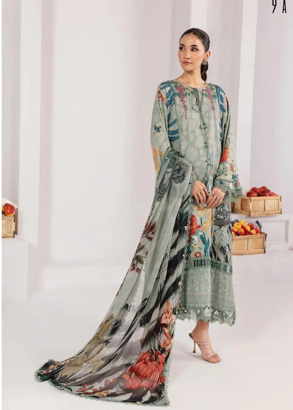 MB-CUS25-1109-A - Maria b Pakistan Women sage green 3 piece outfit with digital printed linen shirt, floral dupatta, and lace detailing.