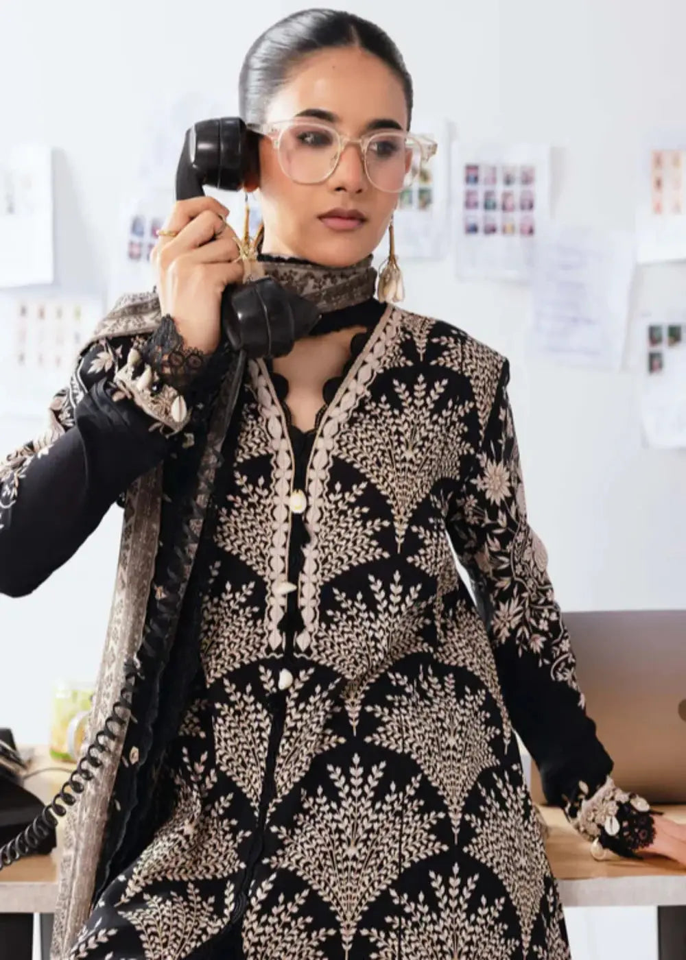 Close-up of MB-CUS25-1108-A stitched Maria B outfit highlighting neckline embroidery and chiffon dupatta, ideal for elegant daily winter wear.