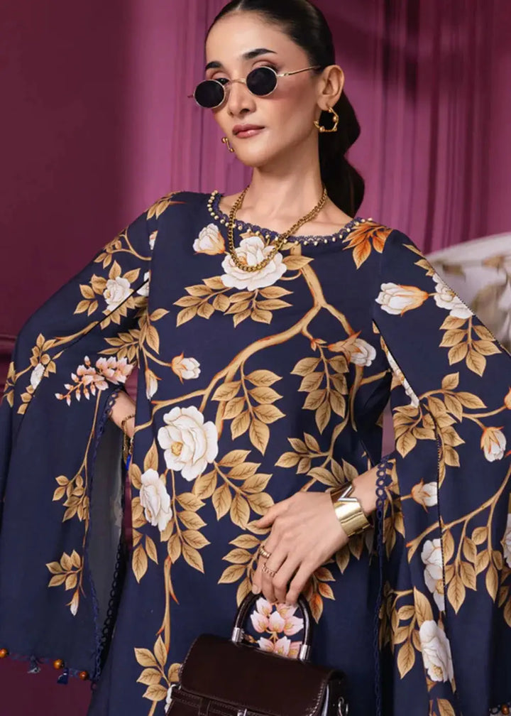 Close-up of MB-CUS25-1102-A stitched dress showing floral digital print on navy linen shirt with flared sleeves, ideal for winter daily wear.