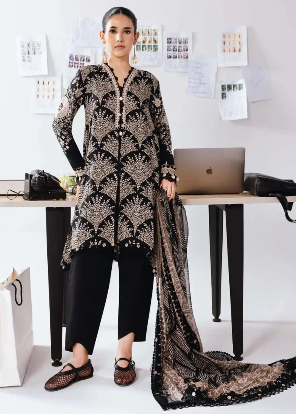 MB-CUS25-1108-A - Stitched Maria B black 3-piece outfit with embroidered marina twill shirt, linen trouser, and chiffon dupatta for daily winter wear.