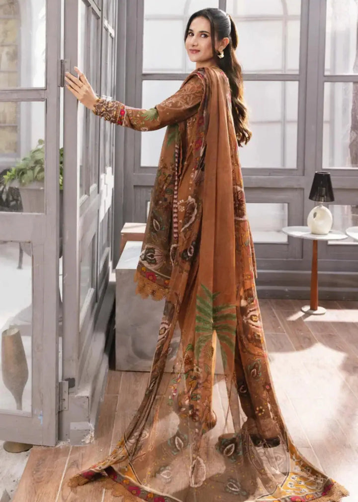 Back view of MB-CUS25-1106-B - Maria B Dress Women showcasing flowy brown chiffon dupatta with colorful digital prints, ideal for seasonal wear.