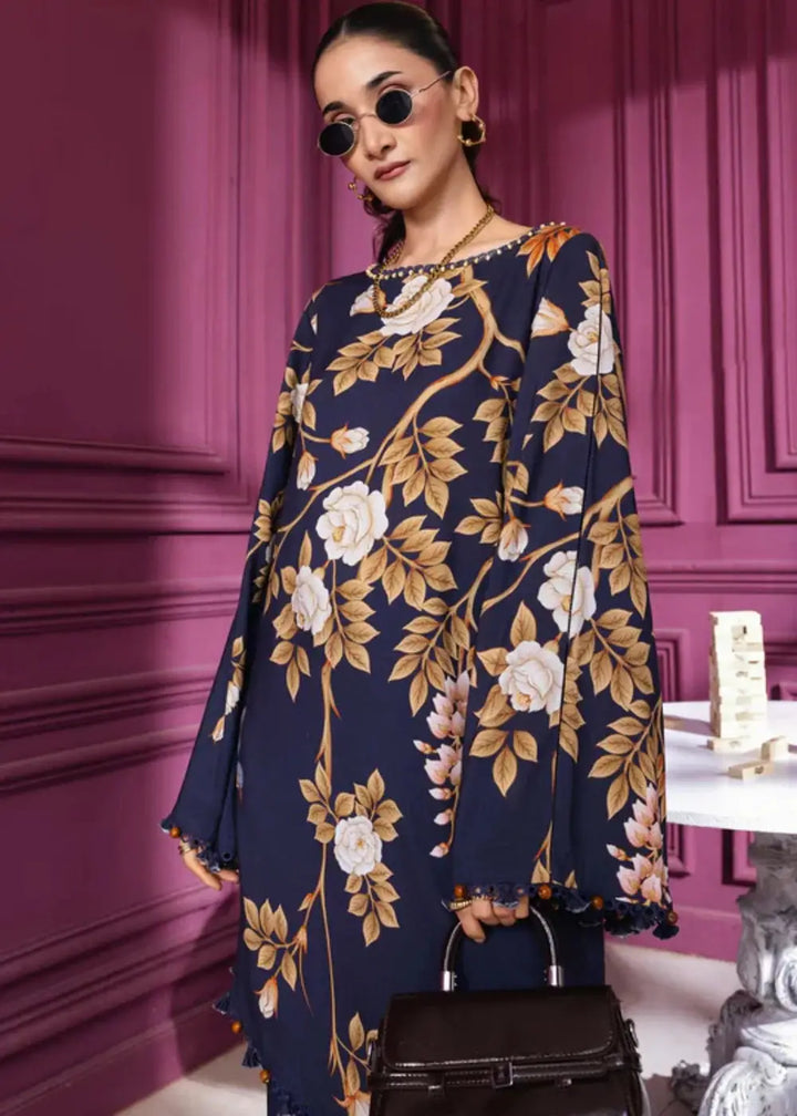 Model wearing MB-CUS25-1102-A stitched 3 piece dress set with navy floral shirt and matching trousers, styled for casual winter fashion.