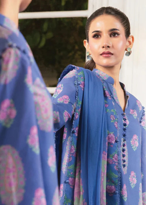 Close-up of MB-CUS25-1110-B women's Eid outfit showcasing detailed button design and floral print on linen fabric, styled for winter.