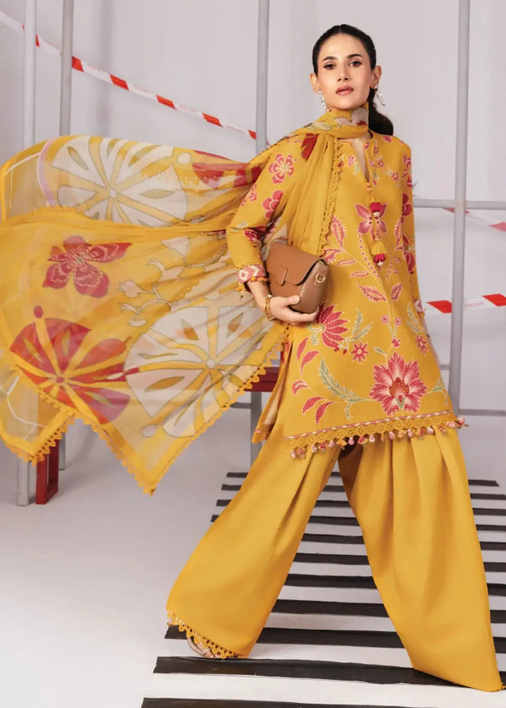 MB-CUS25-1104-B - Maria B stitched dress in mustard slub khaddar with floral embroidery, wide-leg trousers, and chiffon dupatta for winter wear.