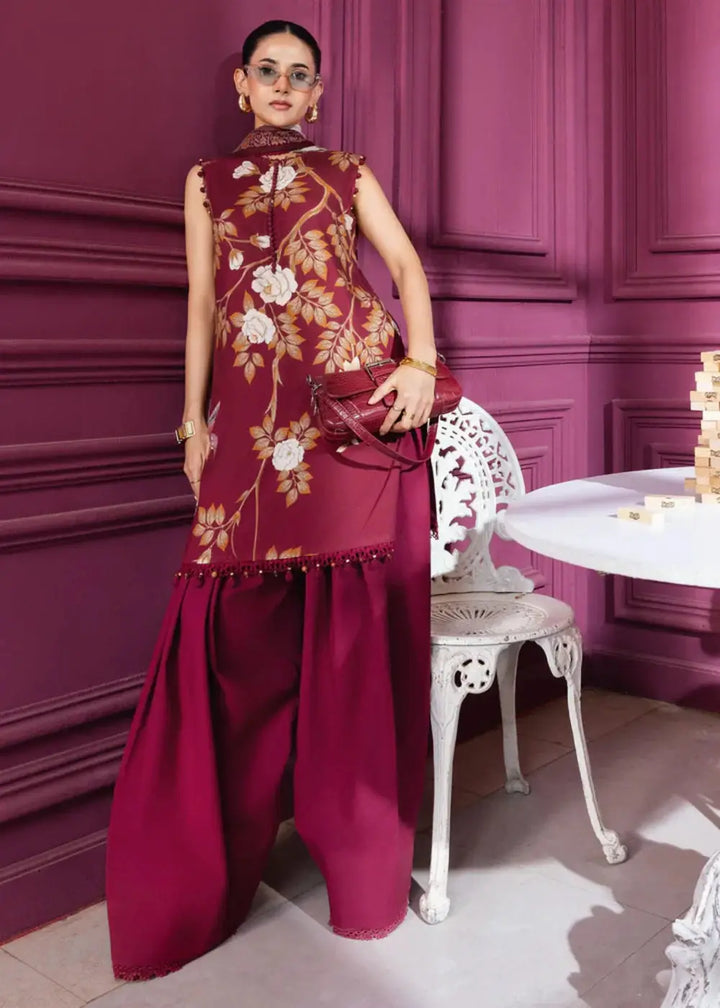 Front pose of MB-CUS25-1102-B - Maria.B Women Dress featuring sleeveless floral linen shirt, wide-leg trousers, and printed chiffon dupatta.