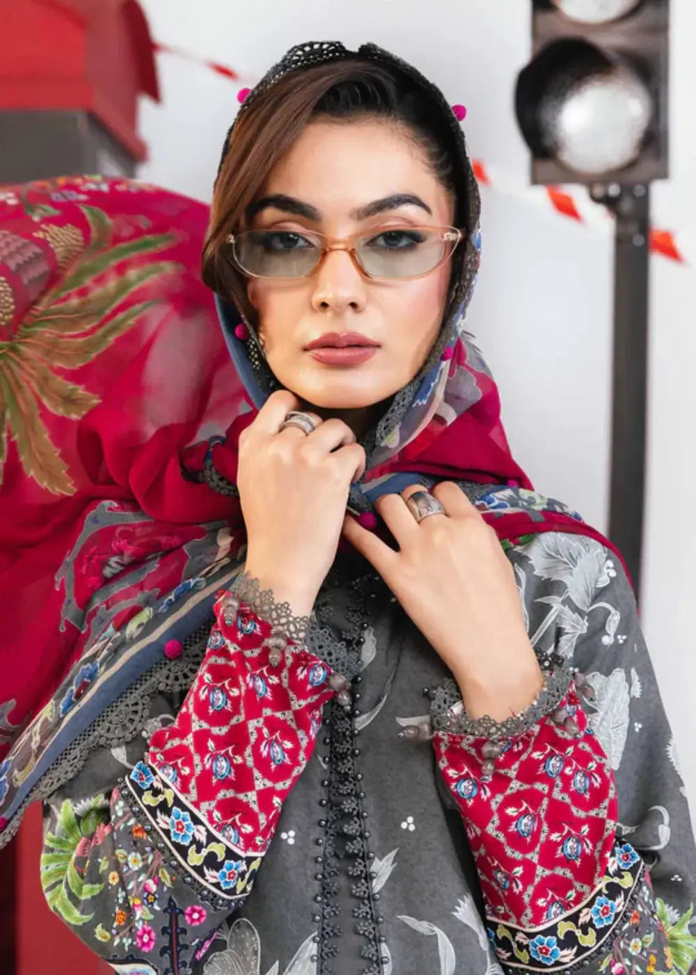 MB-CUS25-1106-A - Maria.B Stitch Suit 3 piece set featuring a digital printed marina shirt, linen trouser, and chiffon dupatta in winter tones.