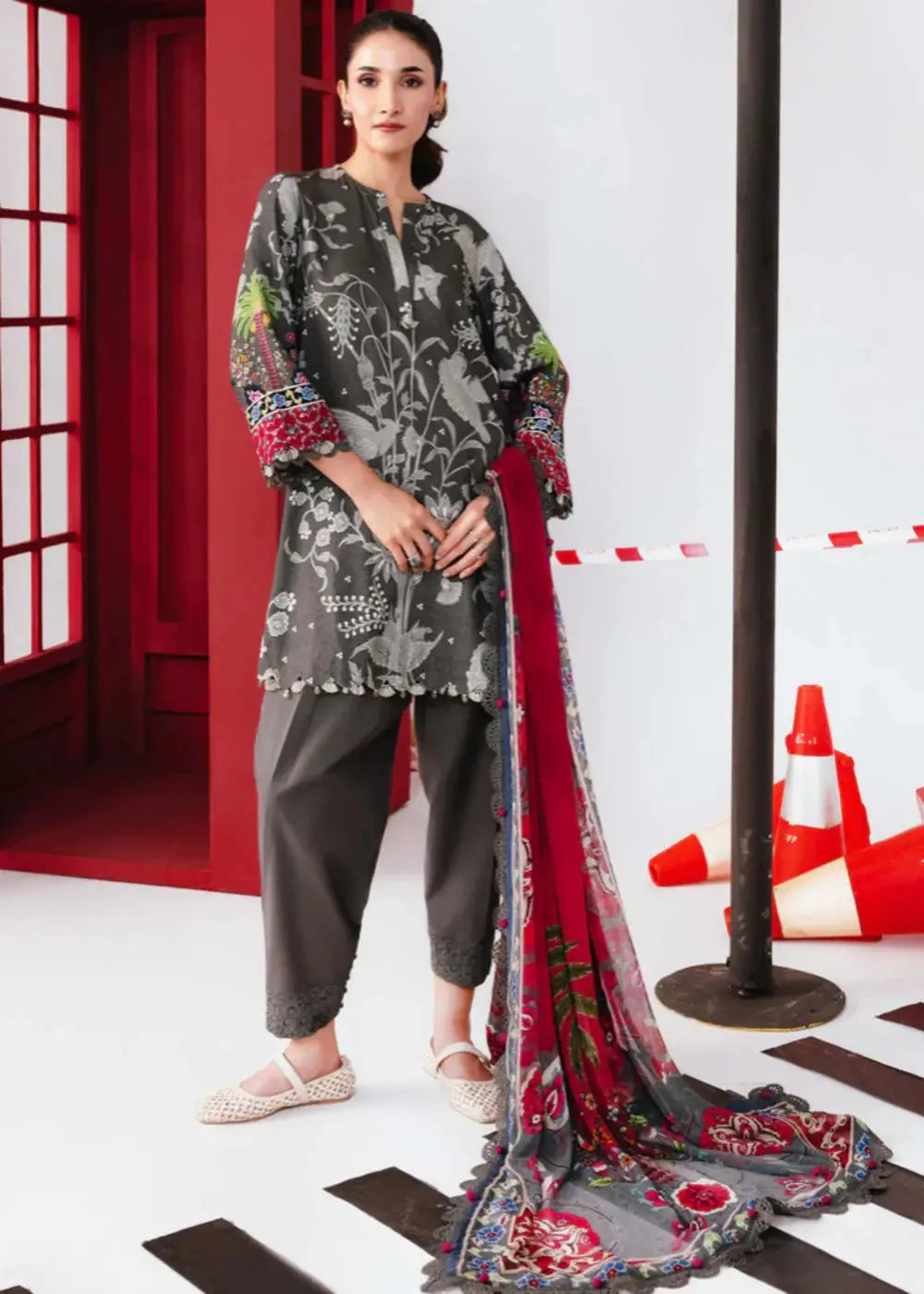 MB-CUS25-1106-A - Maria.B Stitch Suit 3 piece set featuring a grey floral printed marina shirt, linen trousers, and red chiffon dupatta.