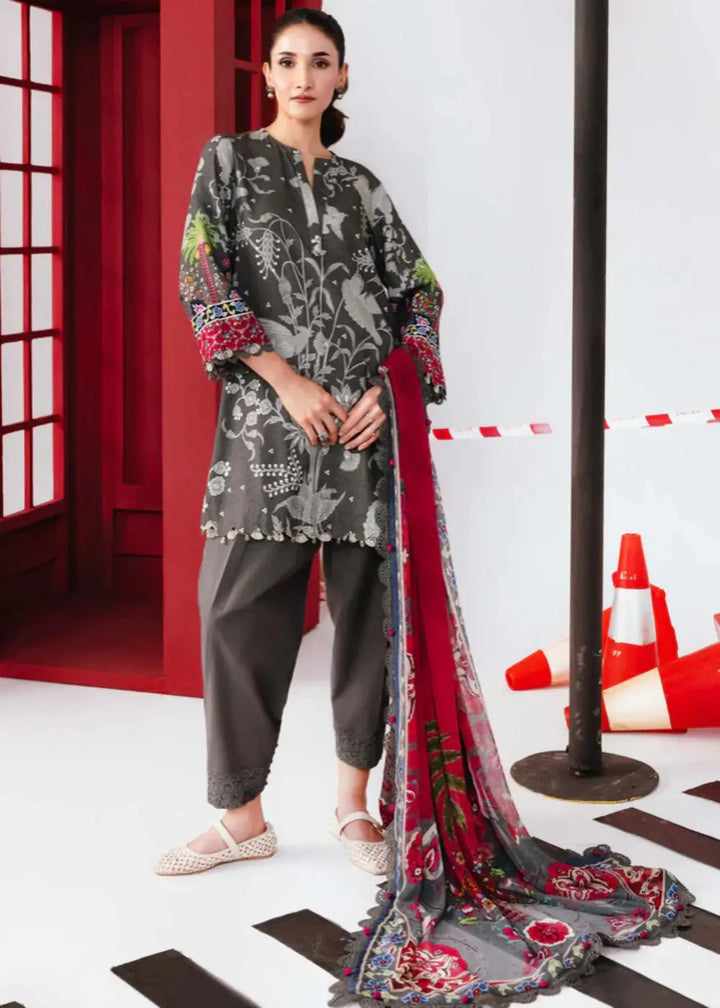 MB-CUS25-1106-A - Maria.B Stitch Suit 3 piece set featuring a grey floral printed marina shirt, linen trousers, and red chiffon dupatta.