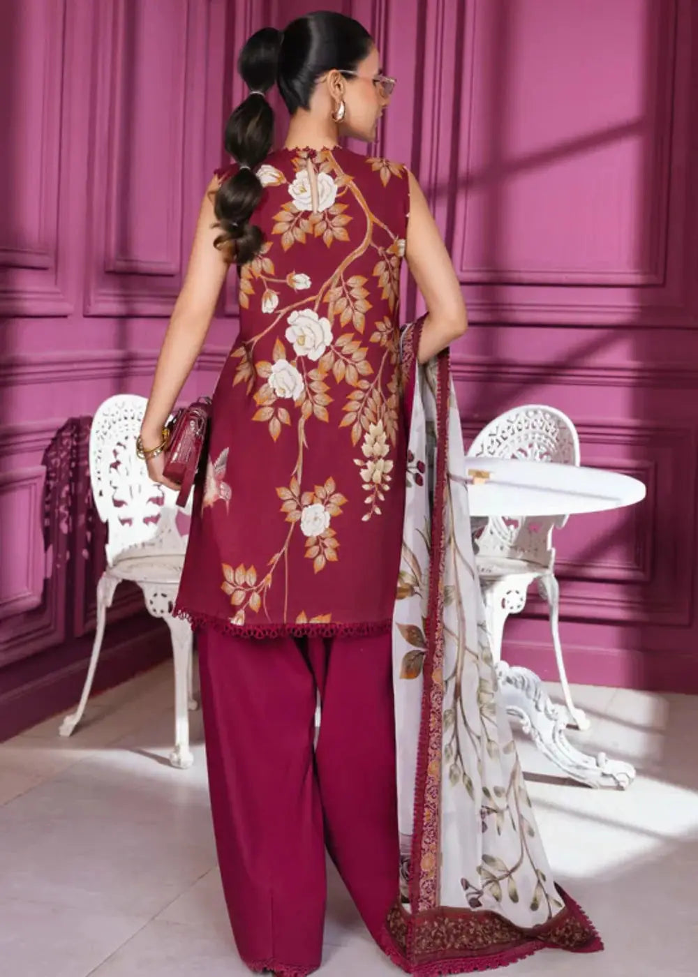 Back view of MB-CUS25-1102-B - Maria.B Women Dress showing floral print on linen shirt and matching maroon trousers with chiffon dupatta.