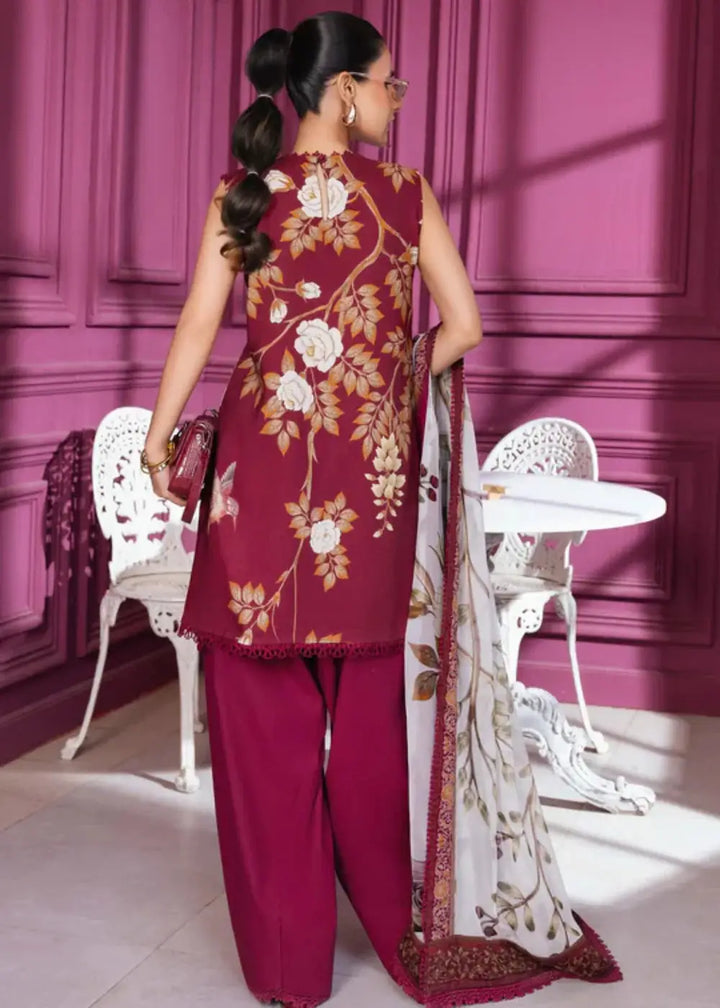 Back view of MB-CUS25-1102-B - Maria.B Women Dress showing floral print on linen shirt and matching maroon trousers with chiffon dupatta.