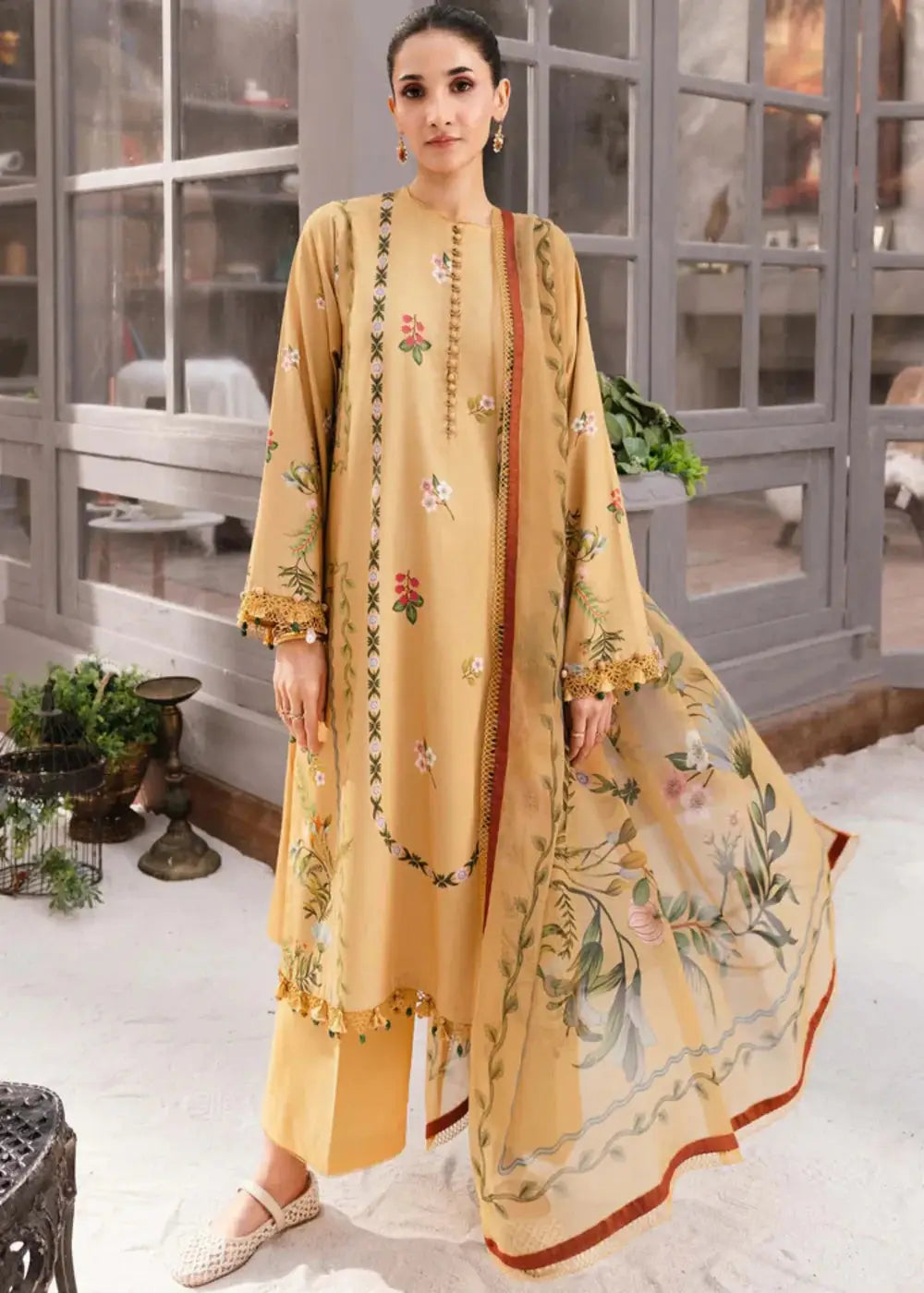 MB-CUS25-1105-B - Maria B Ready to Wear 3-piece peach orange outfit with floral embroidery and chiffon dupatta, ideal for winter fashion.