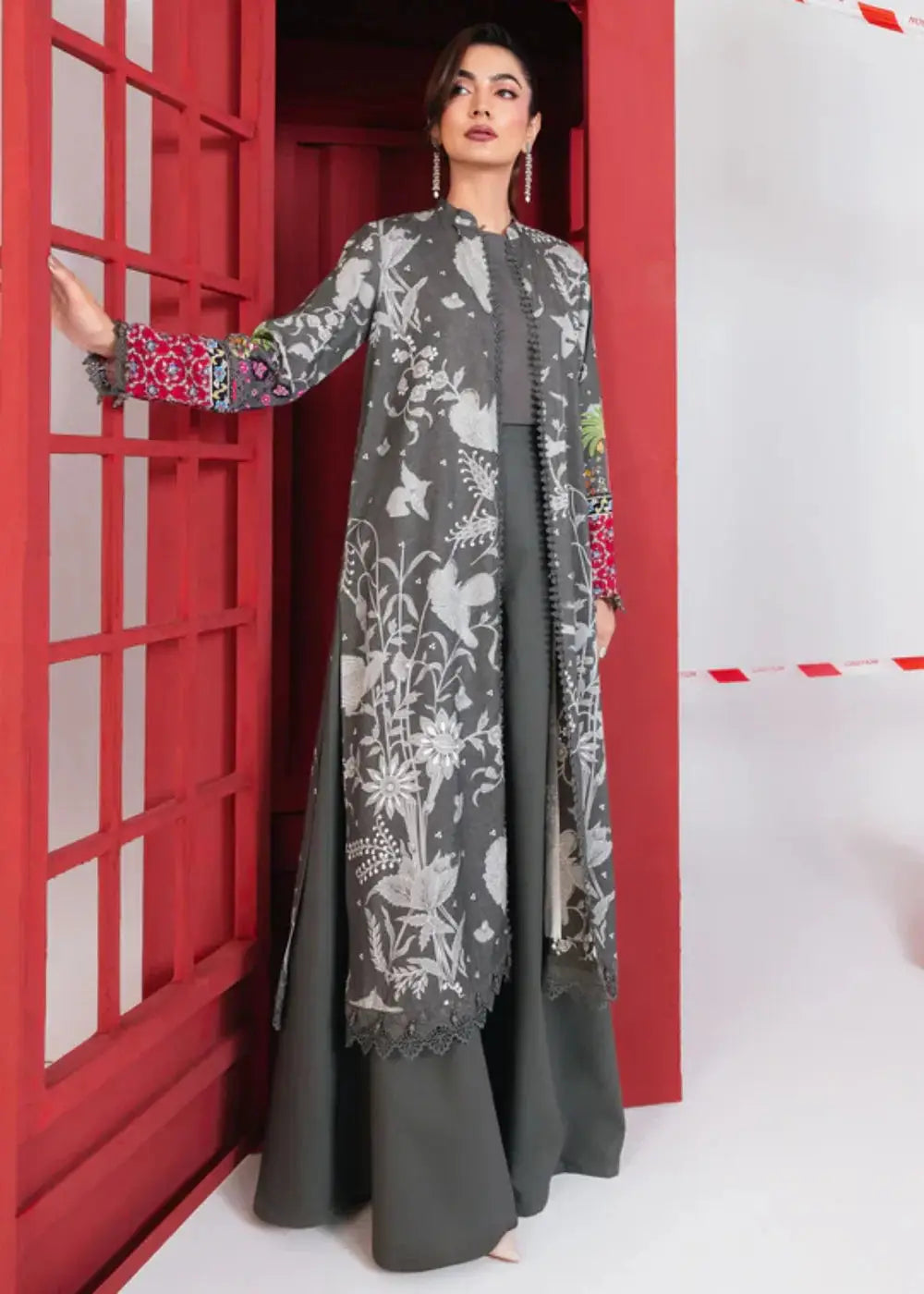 Maria.B Stitch Suit MB-CUS25-1106-A with long grey printed shirt, wide-leg linen trousers, and intricate sleeve embroidery.
