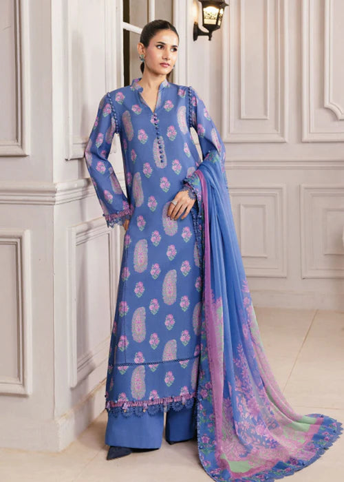 MB-CUS25-1110-B 3-piece winter dress for women with printed shirt, matching bottoms, and chiffon dupatta, ideal for Eid celebrations.