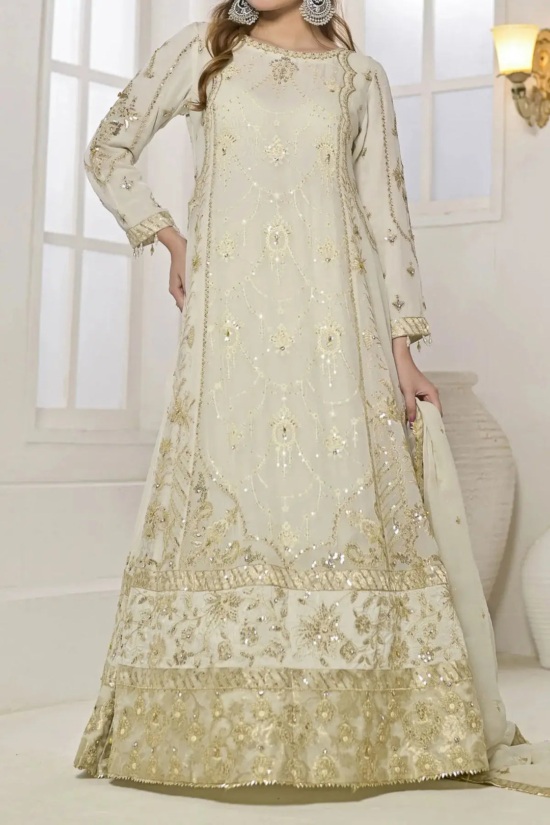 Rafia Chiffon Dress - Occasions | Chiffon Luxury Outfit in off-white with gold floral embroidery, featuring a long maxi shirt and dupatta.
