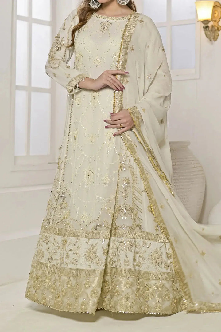 Elegant Rafia Chiffon Dress with intricate gold embellishments, perfect for formal occasions, includes shirt, bottom, and dupatta.