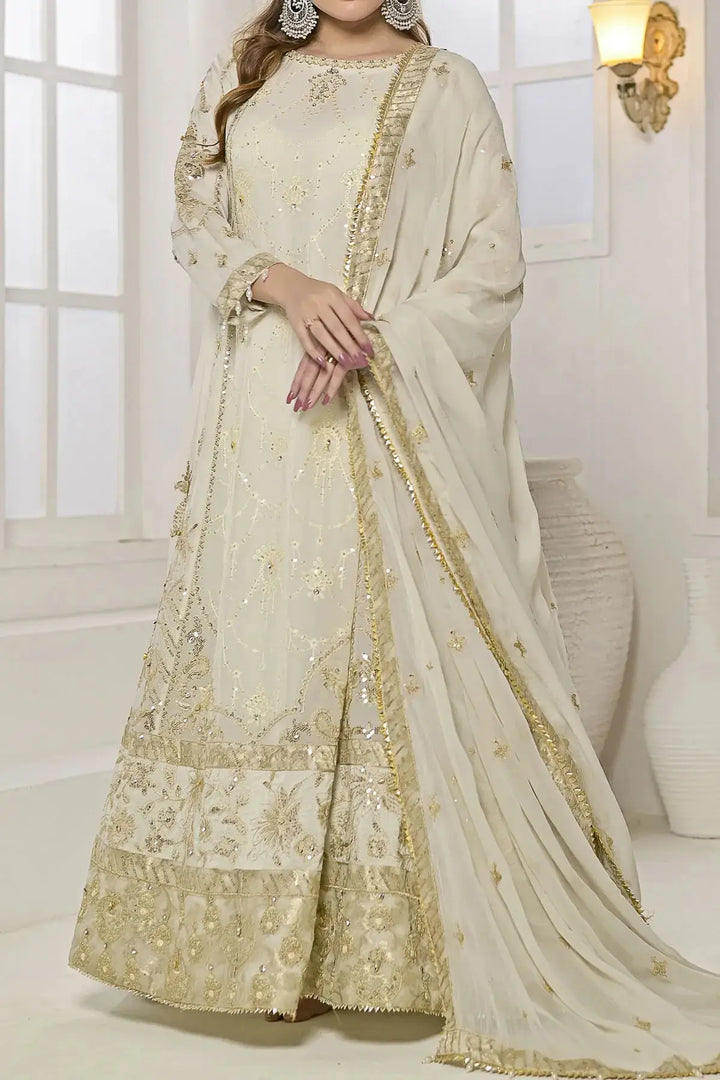 Front pose of Rafia Chiffon Dress with matching dupatta, showcasing elegant floral embroidery and premium chiffon fabric.