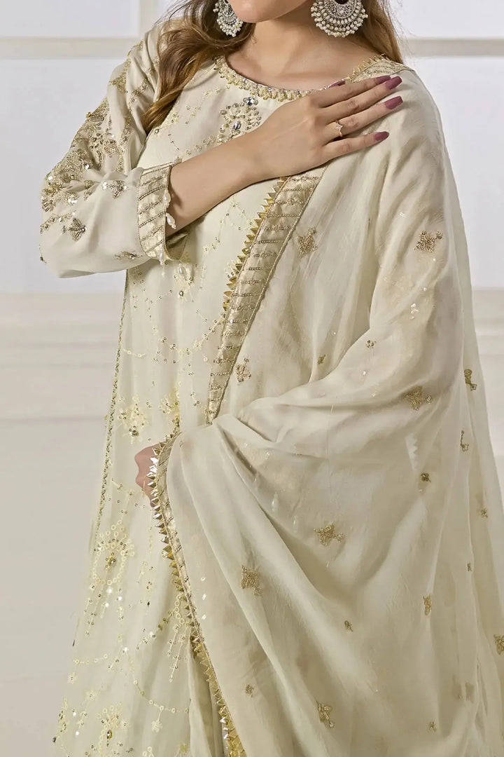 Close-up of Rafia Chiffon Dress showing delicate gold embroidery on chiffon fabric and detailed dupatta border for luxury wear.